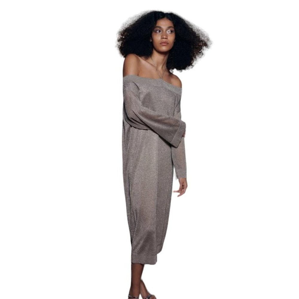 ZARA METALLIC THREAD KNIT DRESS SILVER SIZE M | 0014 012